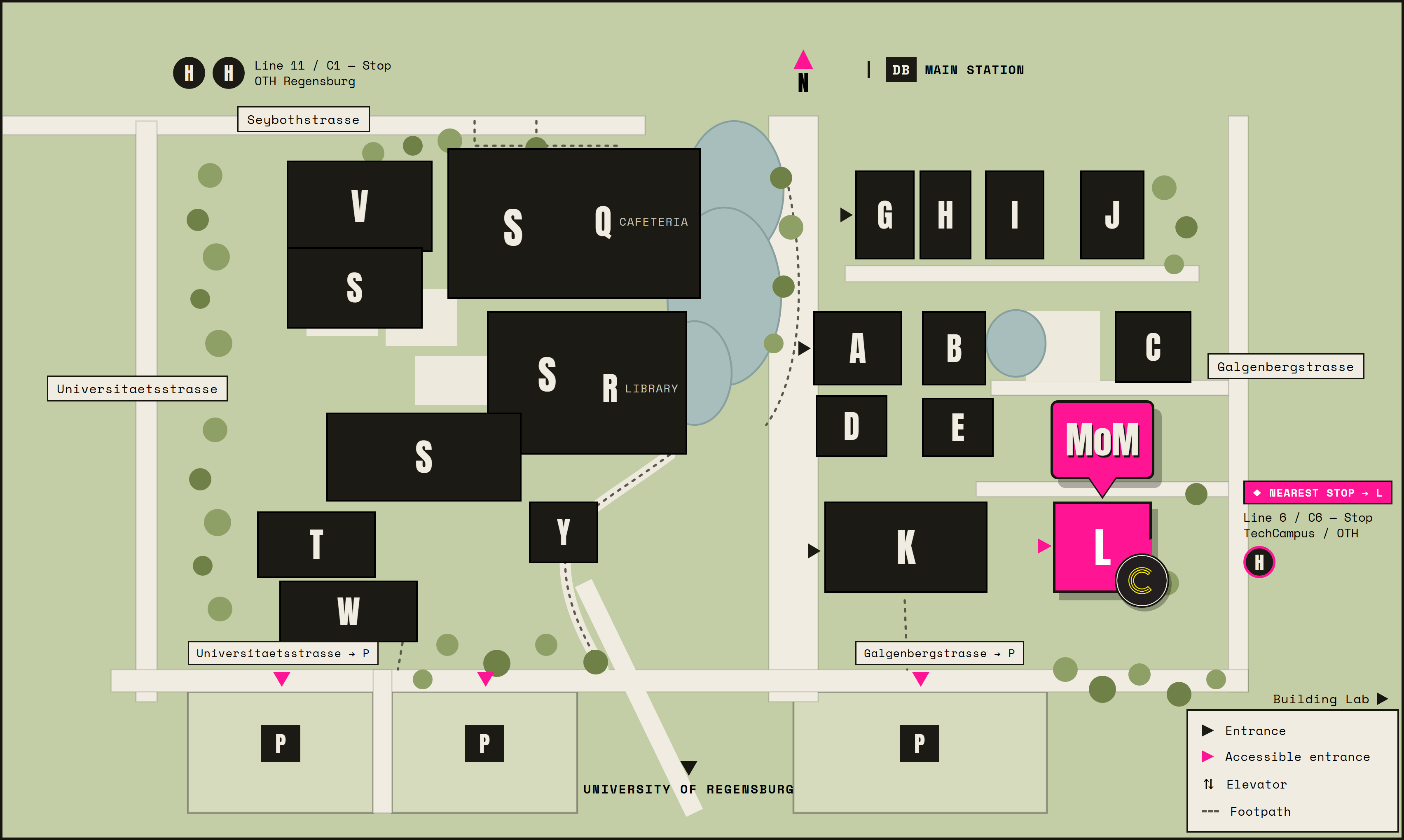 Campus map of OTH Regensburg — the CyberCraft Lab is in Building L, the pink building on the east side, next to the TechCampus/OTH stop.